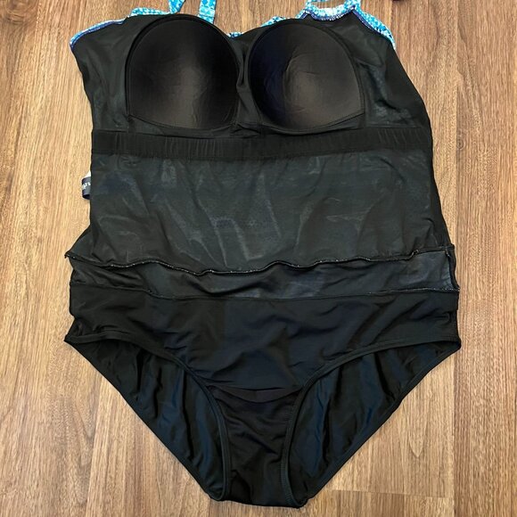 Swimsuits For All Blue Black Tribal Print Blouson One Piece Padded Cups Size 22 - Picture 3 of 9